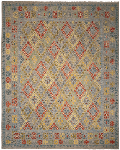 Kelim Maimana 03683 vloerkleed in blauw van Koreman Exclusive Carpets, handgeweven uit wol.