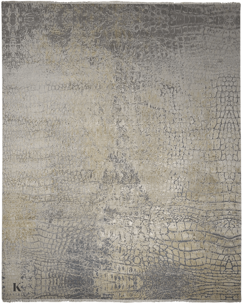Loricata Design grey/ rust vloerkleed in grijs van Koreman Exclusive Carpets, handgeknoopt uit wol en zijde.
