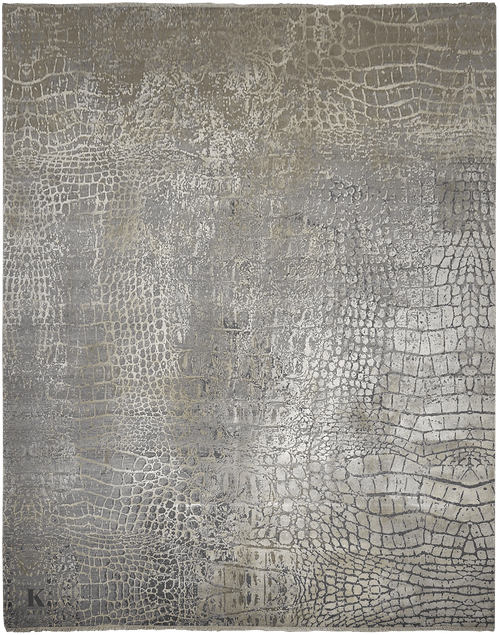 Loricata Design Grey/ Gold vloerkleed in blauw-grijs van Koreman Exclusive Carpets, handgeknoopt uit wol en zijde.