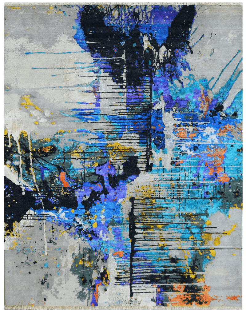 Avant Garde Art design 03439 vloerkleed in blauw-geel van Koreman Exclusive Carpets, handgeknoopt uit wol en zijde.