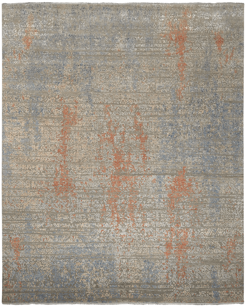 Riviera Mural orange/ blue design vloerkleed in blauw-grijs van Koreman Exclusive Carpets, handgeknoopt uit wol.
