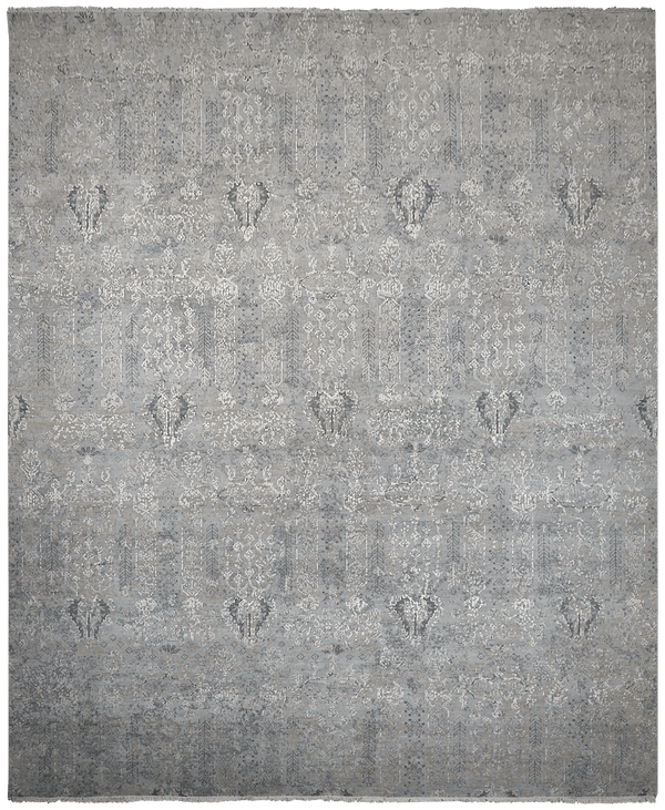 Avant Garde Mural white/ blue design vloerkleed in grijs van Koreman Exclusive Carpets, handgeknoopt uit wol en zijde.