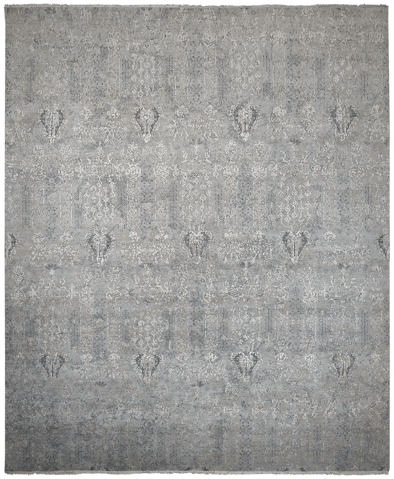 Avant Garde Mural white/ blue design vloerkleed in grijs van Koreman Exclusive Carpets, handgeknoopt uit wol en zijde.