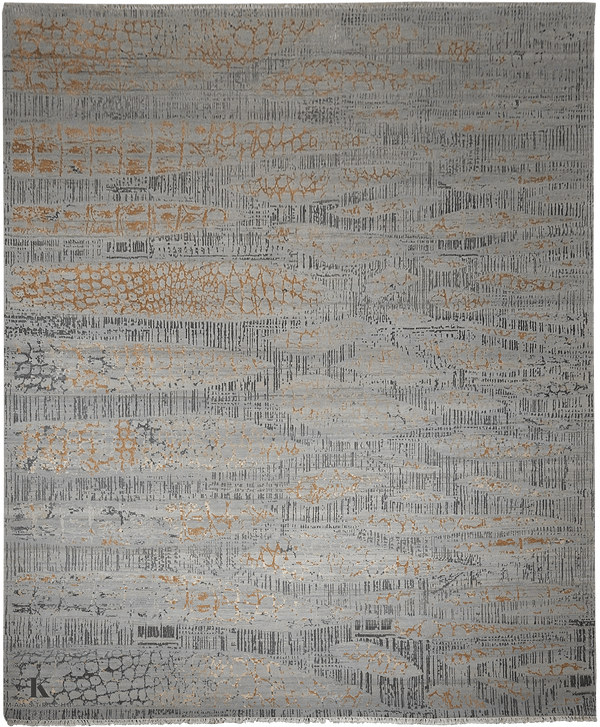 Bentayga art design tapijt 4834 in blauw-grijs van Koreman Exclusive Carpets, handgeknoopt uit wol en zijde.