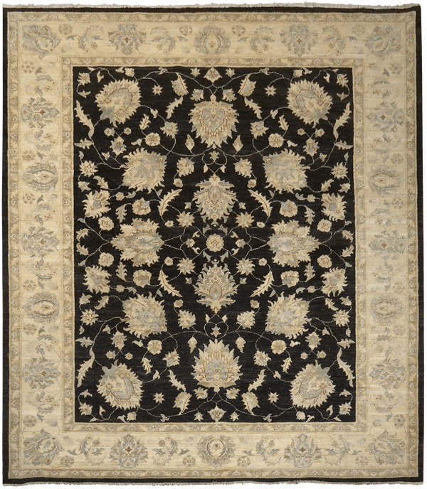 Ghaznavi Farahan Black Oasis 4123 vloerkleed in zwart-beige van Koreman Exclusive Carpets, handgeknoopt uit wol.