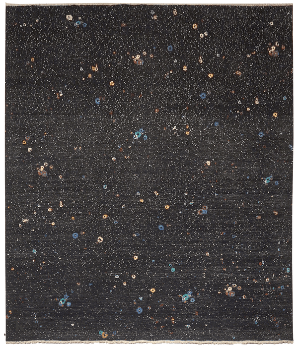 Kashkuli Cosmos tapijt 4606 in zwart van Koreman Exclusive Carpets, handgeknoopt uit wol.
