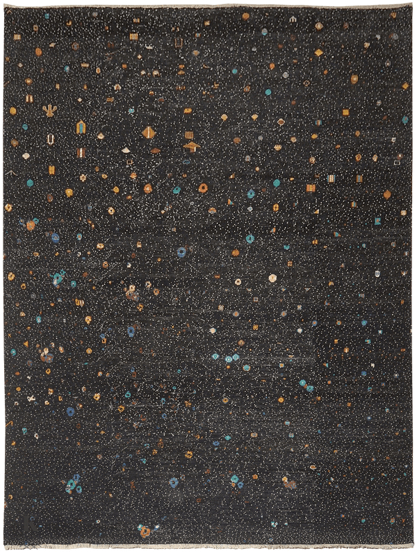 Kashkuli Cosmos tapijt 4619 in zwart van Koreman Exclusive Carpets, handgeknoopt uit wol.