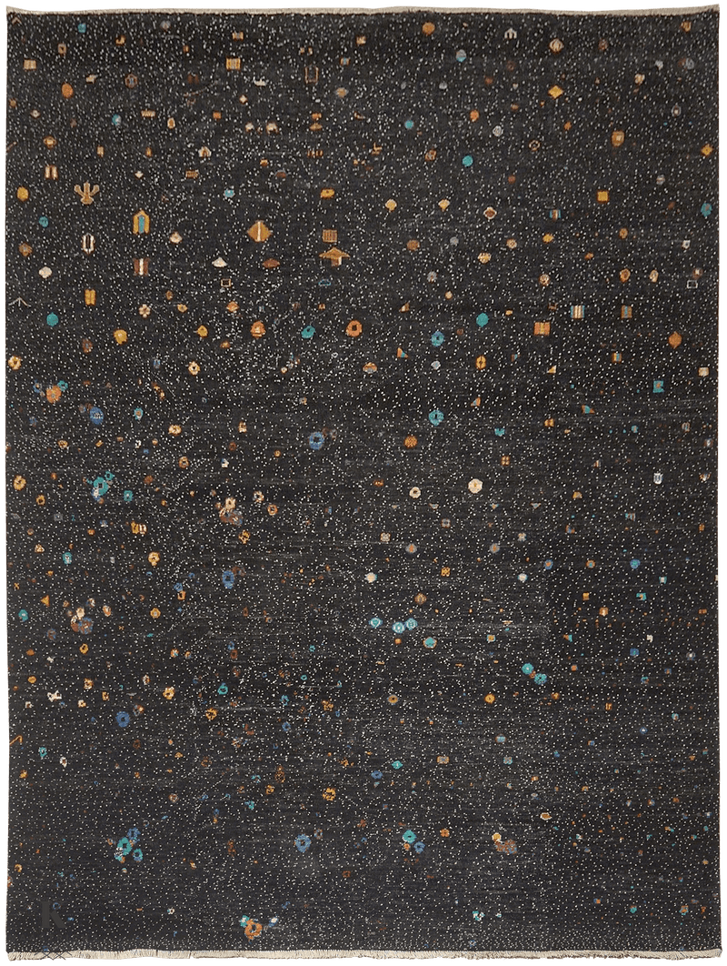 Kashkuli Cosmos tapijt 4619 in zwart van Koreman Exclusive Carpets, handgeknoopt uit wol.