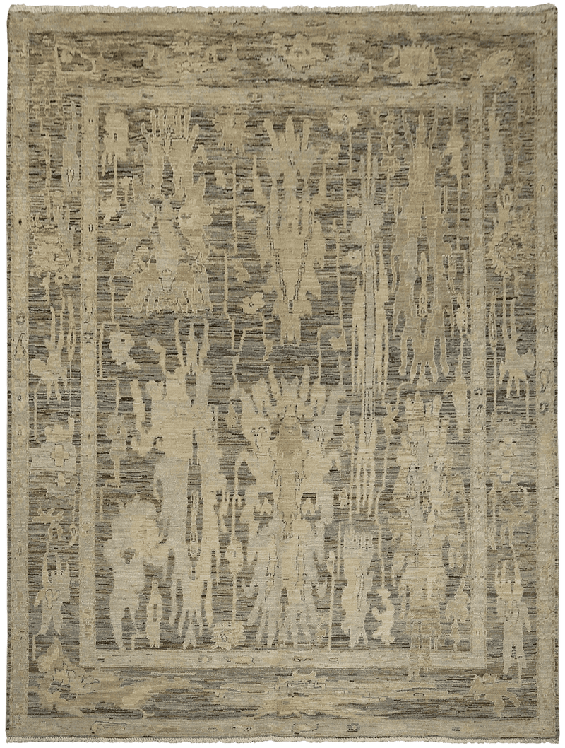 Fields of Leafs Kashkuli vloerkleed in grijs-beige van Koreman Exclusive Carpets, handgeknoopt uit wol.