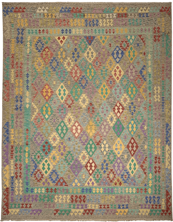 Kelim Maimana 03689 vloerkleed in blauw-geel van Koreman Exclusive Carpets, handgeweven uit wol.
