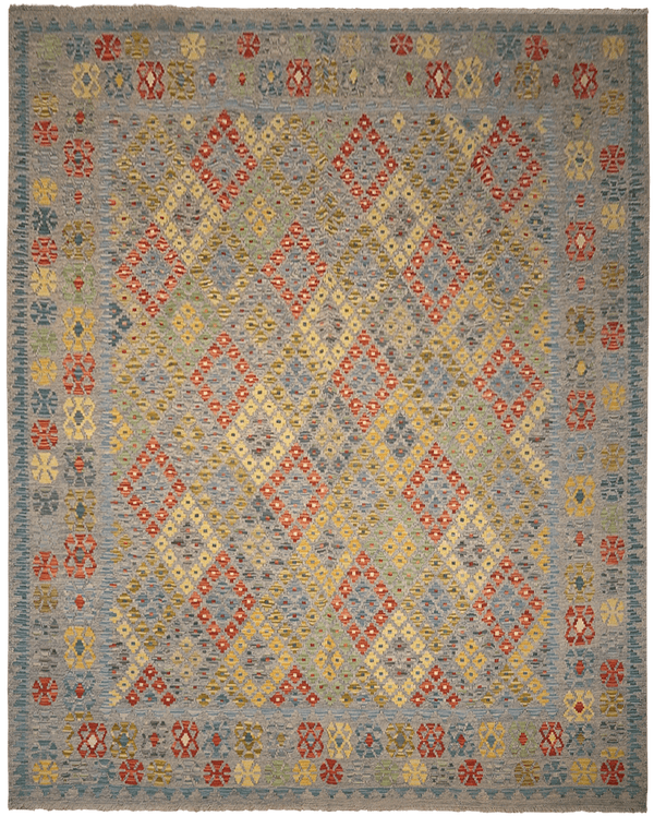 Kelim Maimana 03683 vloerkleed in blauw van Koreman Exclusive Carpets, handgeweven uit wol.