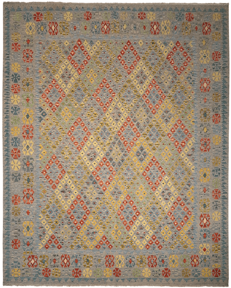Kelim Maimana 03683 vloerkleed in blauw van Koreman Exclusive Carpets, handgeweven uit wol.