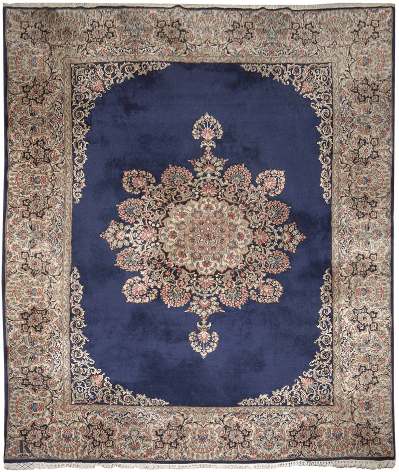 Kirman antiek tapijt 5011 in blauw van Koreman Exclusive Carpets, handgeknoopt uit wol.