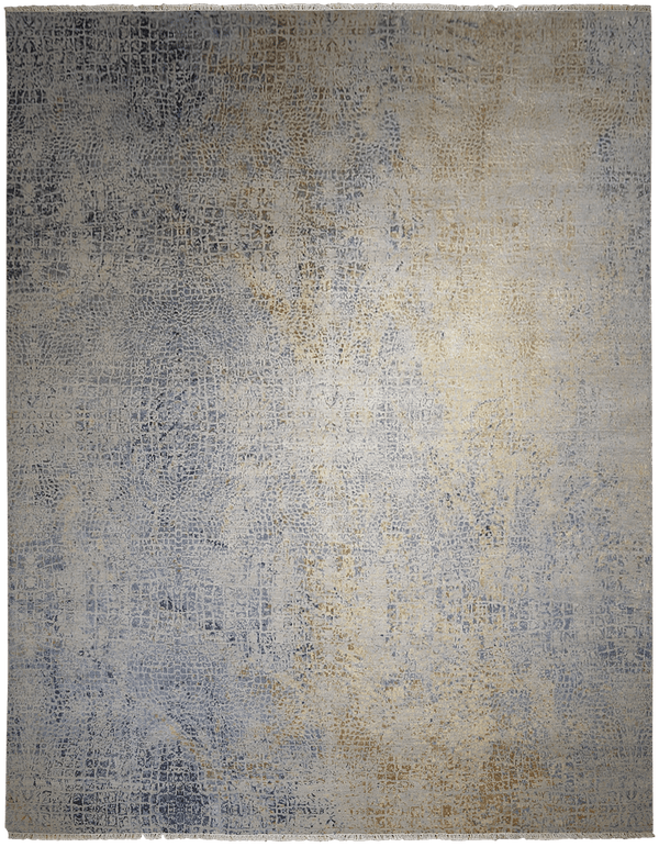 Loricata Shades of Gold Design vloerkleed in blauw-geel van Koreman Exclusive Carpets, handgeknoopt uit wol en zijde.