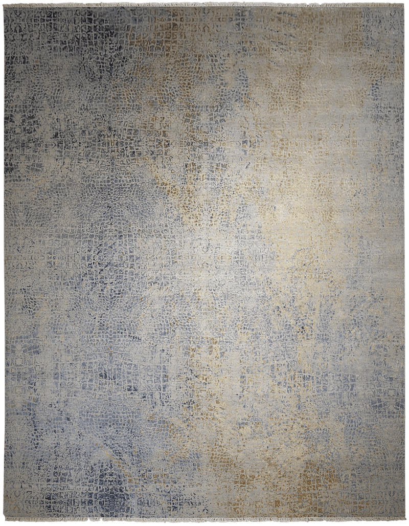 Loricata Shades of Gold Design vloerkleed in blauw-geel van Koreman Exclusive Carpets, handgeknoopt uit wol en zijde.