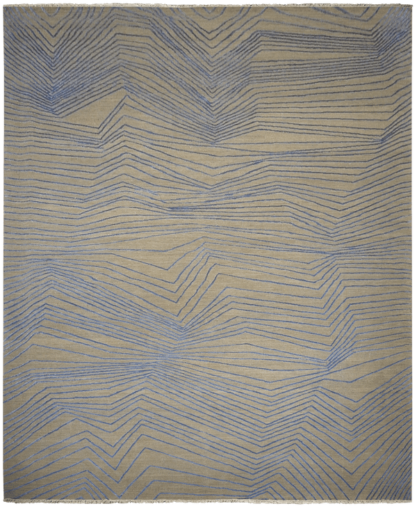 Oxidyes design tapijt in blauw-grijs van Koreman Exclusive Carpets, handgeknoopt uit wol en zijde.