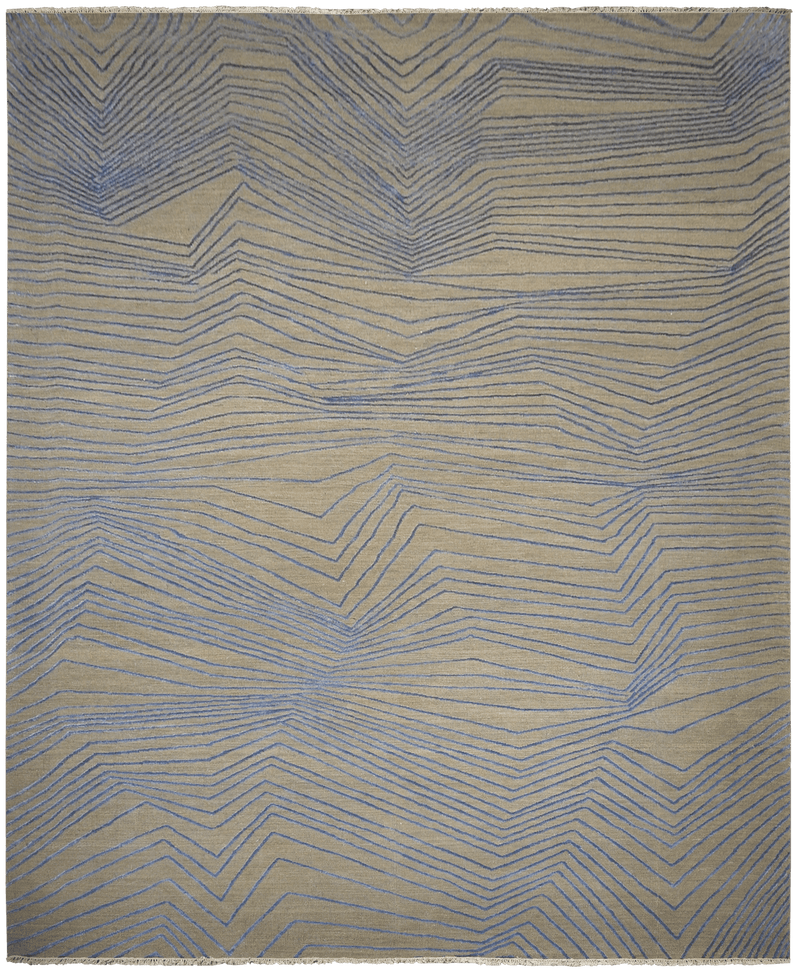 Oxidyes design tapijt in blauw-grijs van Koreman Exclusive Carpets, handgeknoopt uit wol en zijde.