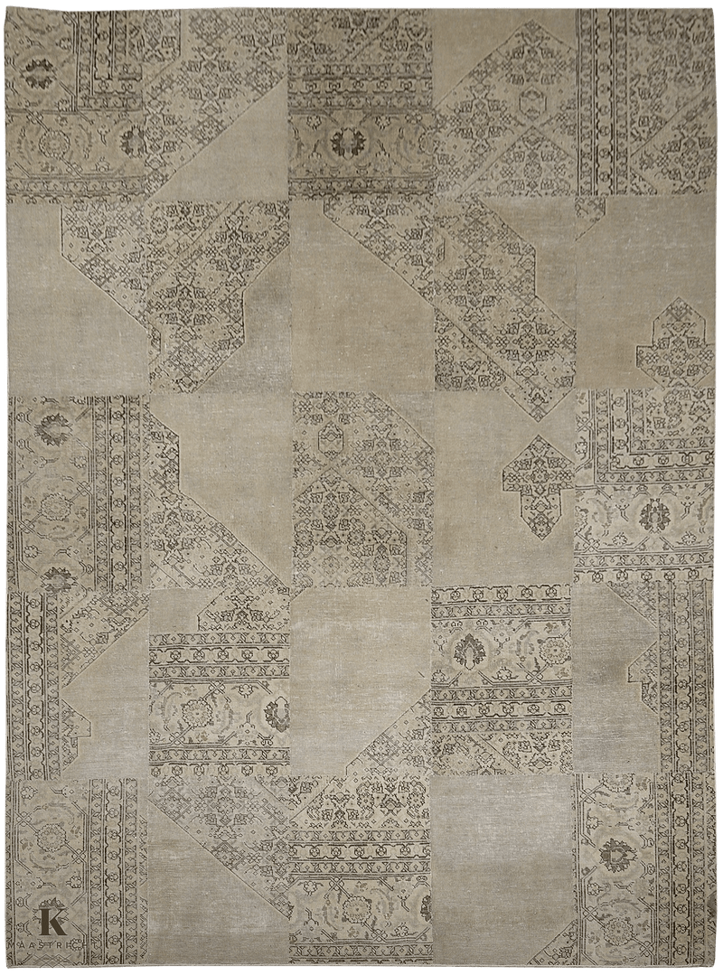 Patchwork tapijt Pakistan 4780 in beige van Koreman Exclusive Carpets, handgeknoopt uit wol.