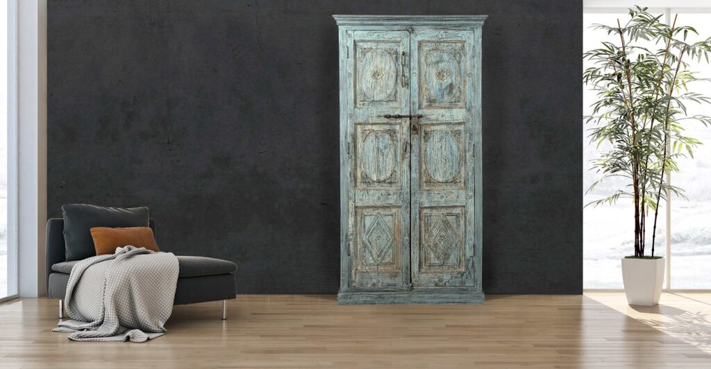 Indiase kast turquoise almirah-110x45x208-Interieur
